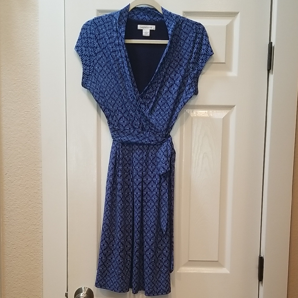 Liz Claiborne Blue Faux Wrap Knee-Length Dress with Tie Front